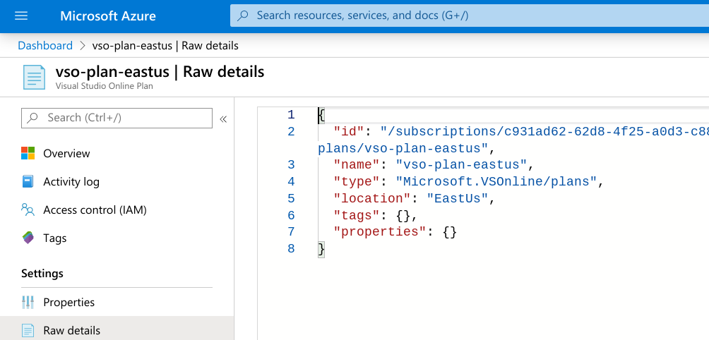screenshot of azure portal - raw detail tab 